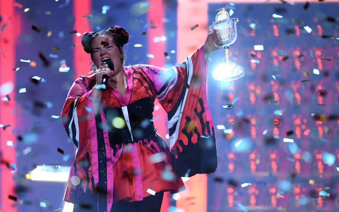 TOPSHOT - Israel's singer Netta Barzilai aka Netta performs with the trophy after winning the final of the 63rd edition of the Eurovision Song Contest 2018 at the Altice Arena in Lisbon, on May 12, 2018. (Photo by Francisco LEONG / AFP)        (Photo credit should read FRANCISCO LEONG/AFP/Getty Images)