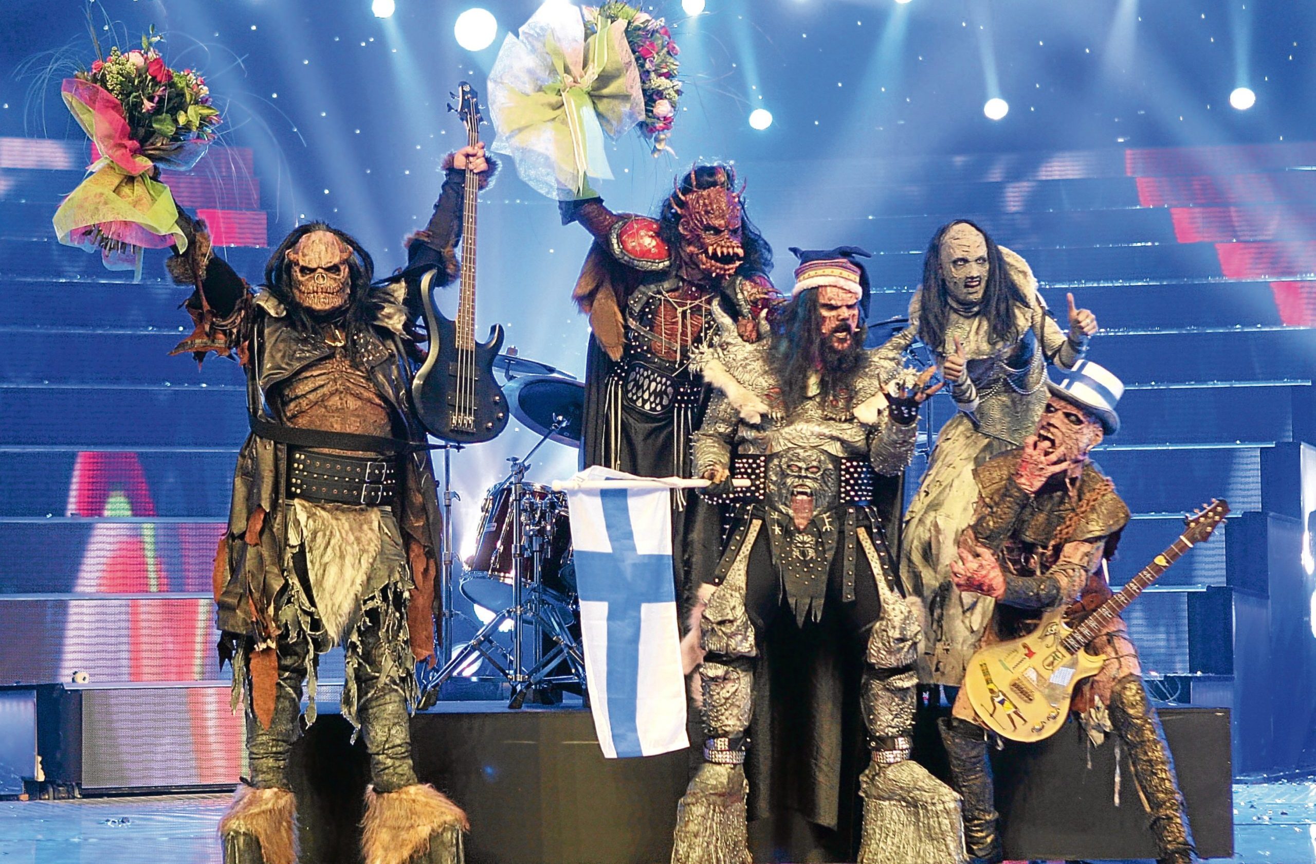 ATHENS - MAY 20: Monster rock band Lordi of Finland celebrate their victury at conclusion of the finals of the 2006 Eurovision Song Contest May 20, 2006 in Athens, Greece. (Photo by Sean Gallup/Getty Images)