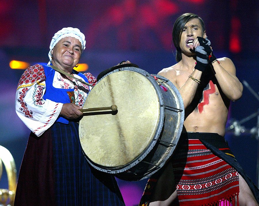 KIEV, UKRAINE:  Zdob si Zdub of Moldova perform in the dress rehearsal in Kiev 20 May 2005 prior to Saturday's final of the 50th Eurovision Song Contest.  AFP PHOTO/ Sergei SUPINSKY  (Photo credit should read SERGEI SUPINSKY/AFP/Getty Images)