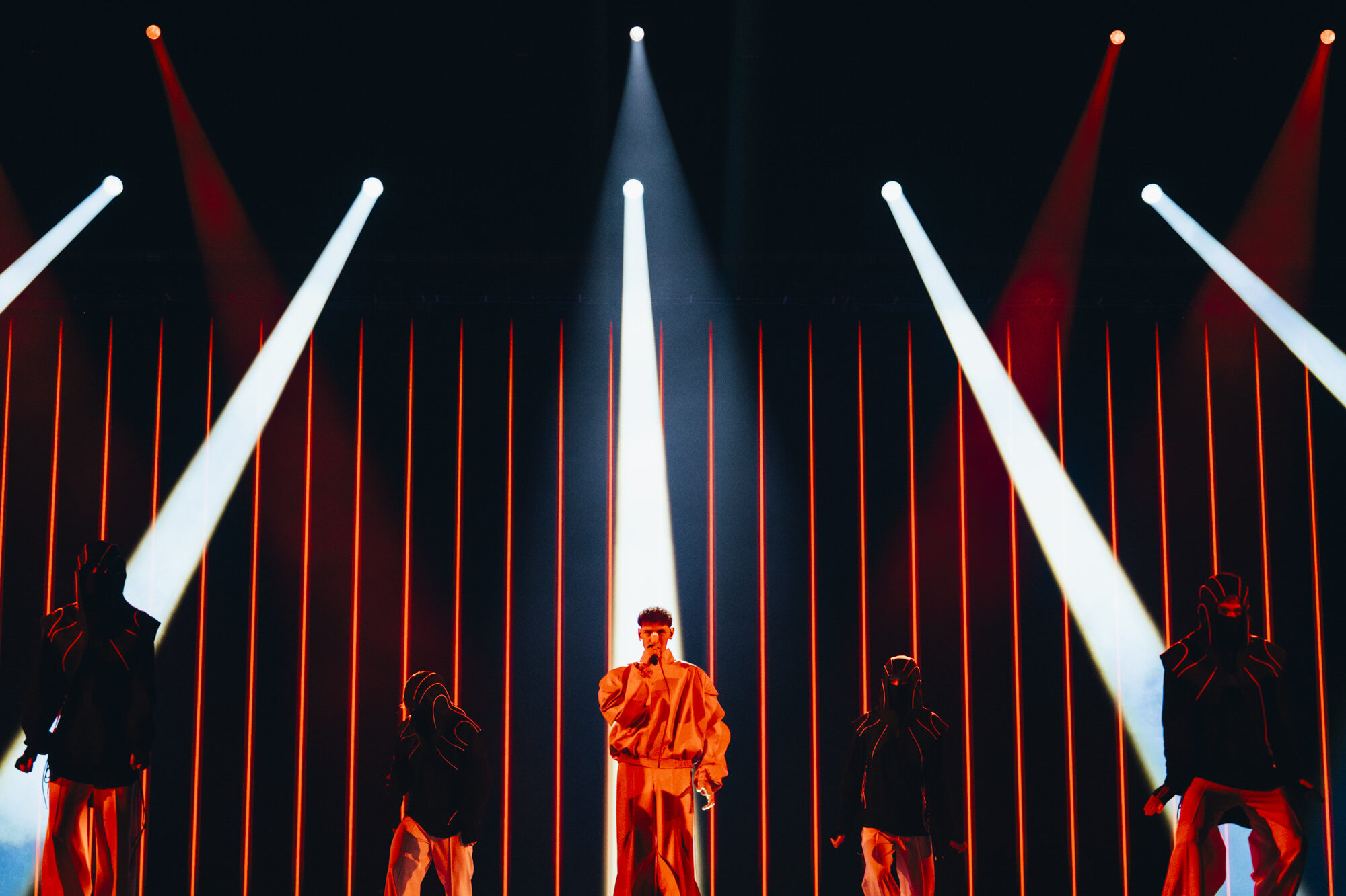 Silvester Belt rehearsing Luktelk for Lithuania at the Second Rehearsal of the First Semi-Final at Malmö Arena