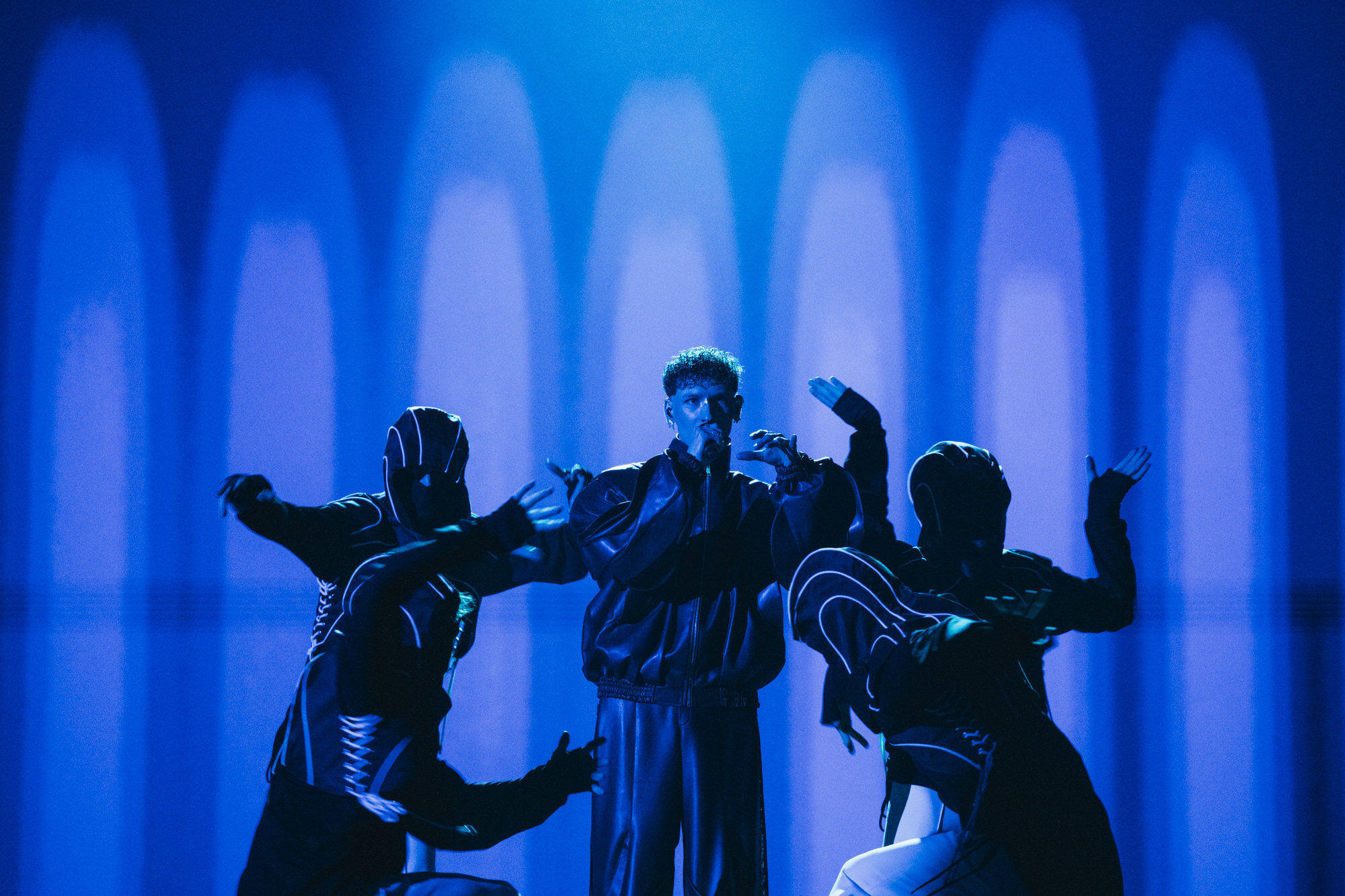 Silvester Belt rehearsing Luktelk for Lithuania at the Second Rehearsal of the First Semi-Final at Malmö Arena