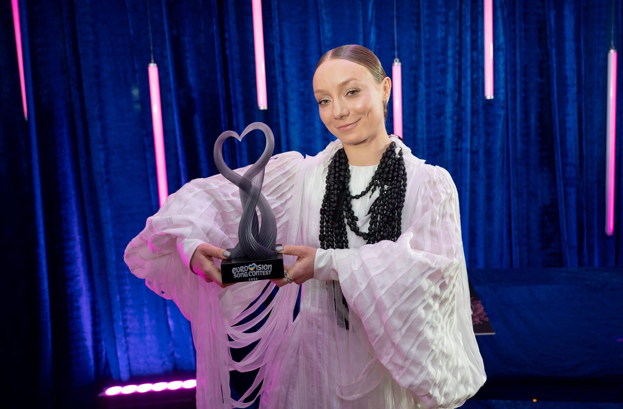 KYIV, UKRAINE - FEBRUARY 7: LELÉKA, winner of Ukraine’s National Selection for Eurovision 2026, with her trophy from the National Selection Final on February 7, 2026 in Kyiv, Ukraine. Ukraine hosted the final of the National Selection, where 10 artists competed for the chance to represent the country at the International Eurovision Song Contest, one of the world’s most prominent music events, scheduled to be held in May 2026 in Vienna, Austria. (Photo by Valeriia Mezentseva/Suspilne Ukraine/JSC "UA:PBC"/Global Images Ukraine via Getty Images)