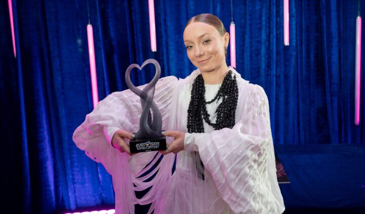 KYIV, UKRAINE - FEBRUARY 7: LELÉKA, winner of Ukraine’s National Selection for Eurovision 2026, with her trophy from the National Selection Final on February 7, 2026 in Kyiv, Ukraine. Ukraine hosted the final of the National Selection, where 10 artists competed for the chance to represent the country at the International Eurovision Song Contest, one of the world’s most prominent music events, scheduled to be held in May 2026 in Vienna, Austria. (Photo by Valeriia Mezentseva/Suspilne Ukraine/JSC "UA:PBC"/Global Images Ukraine via Getty Images)
