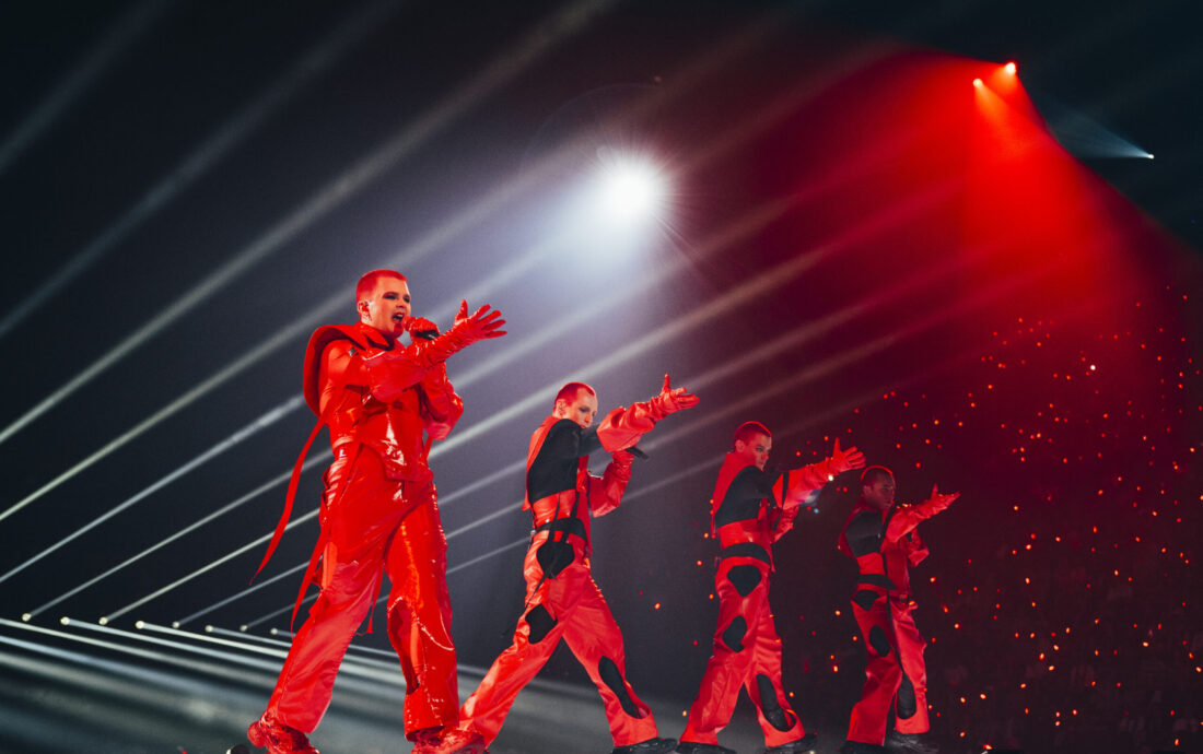 Red Sebastian performing Strobe Lights for Belgium at the First Semi-Final in St. Jakobshalle