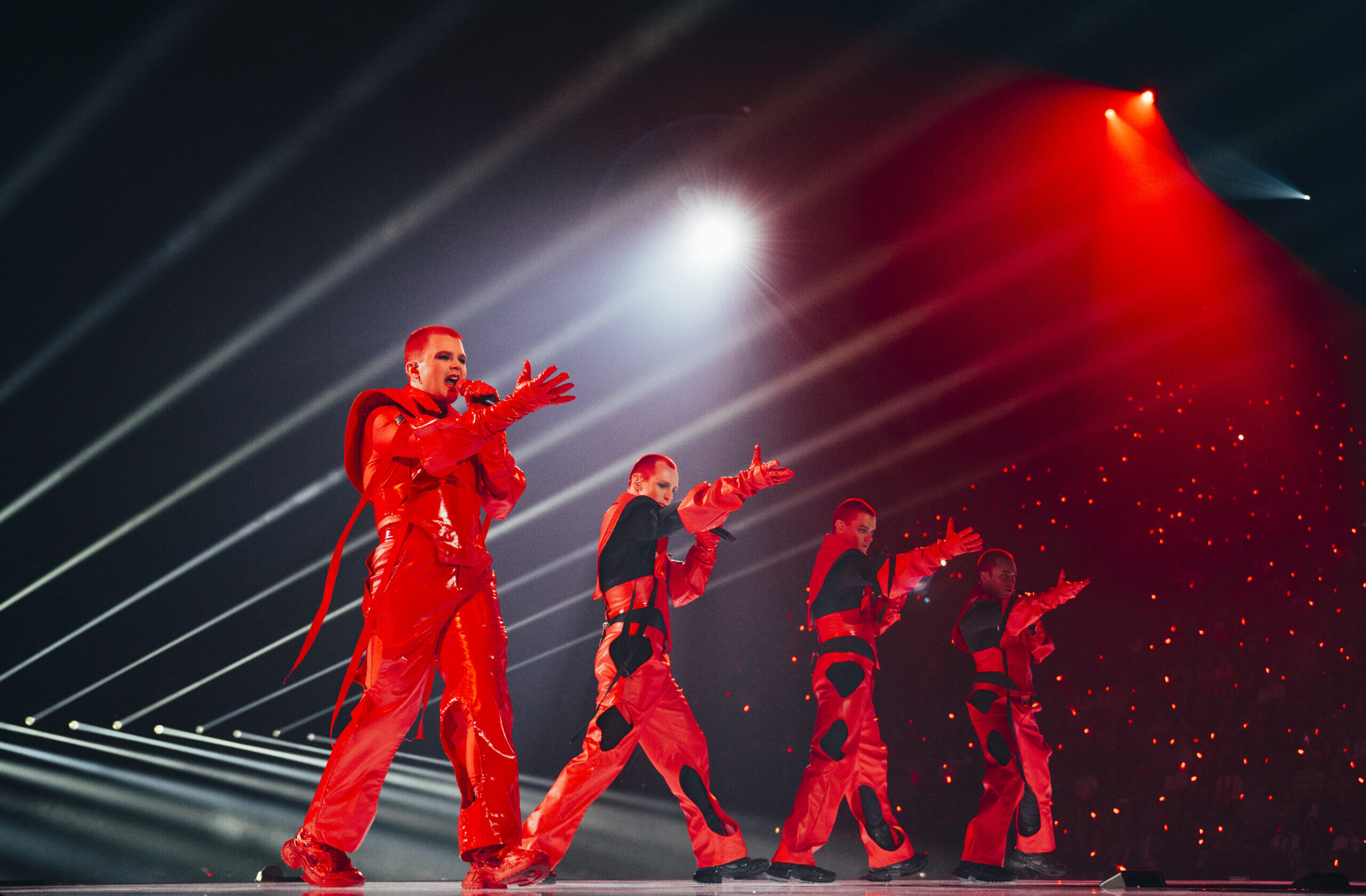 Red Sebastian performing Strobe Lights for Belgium at the First Semi-Final in St. Jakobshalle