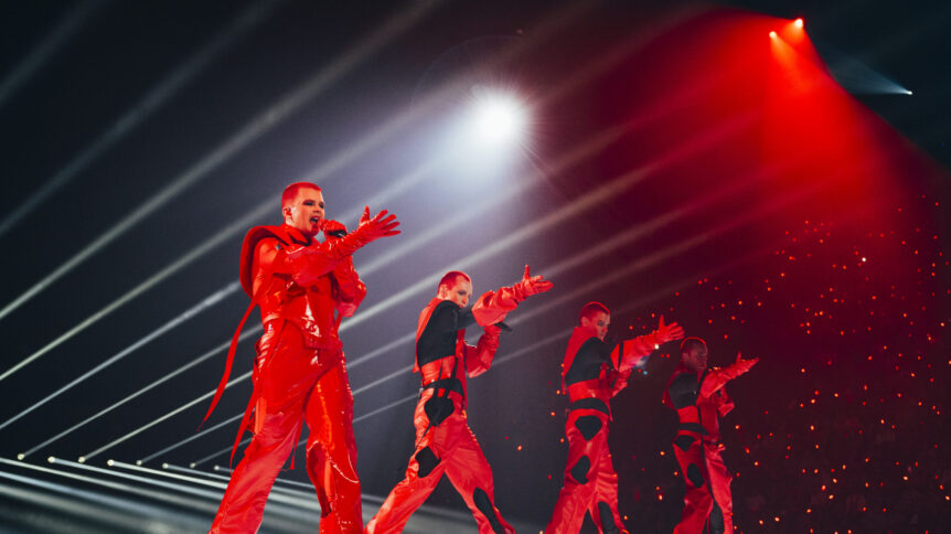 Red Sebastian performing Strobe Lights for Belgium at the First Semi-Final in St. Jakobshalle