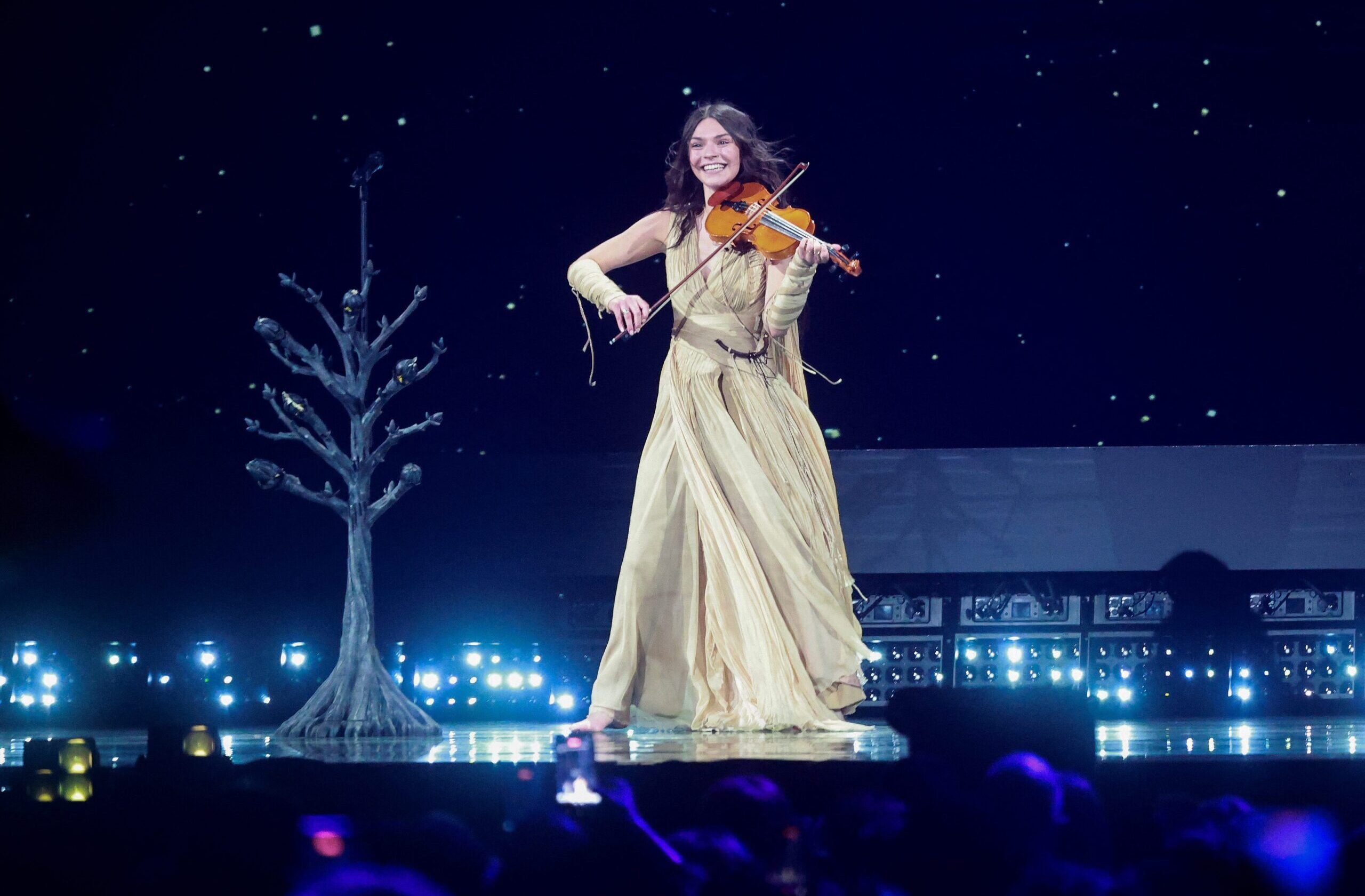Luxembourgish singer-songwriter and violinist Eva Marija, representing Luxembourg with the song 'Mother Nature', performs during a dress rehearsal for the second semi-final of the Eurovision Song Contest 2026 (ESC) in Vienna, Austria on May 14, 2026. (Photo by Radek MICA / AFP via Getty Images)