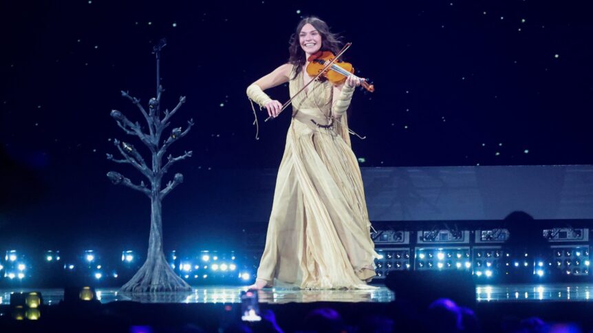 Luxembourgish singer-songwriter and violinist Eva Marija, representing Luxembourg with the song 'Mother Nature', performs during a dress rehearsal for the second semi-final of the Eurovision Song Contest 2026 (ESC) in Vienna, Austria on May 14, 2026. (Photo by Radek MICA / AFP via Getty Images)