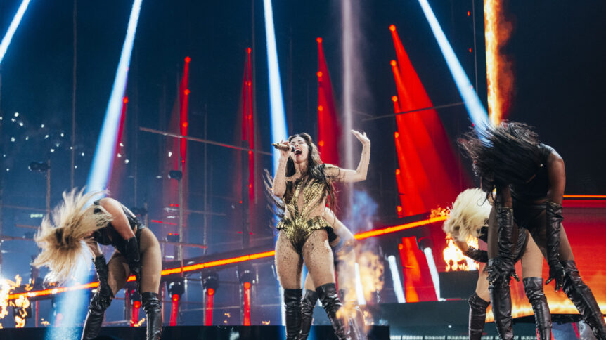 Grand Final Performance: Sarah Engels performing Fire for Germany during the Grand Final of the Eurovision Song Contest at Wiener Stadthalle, Vienna 2026 on 15 May